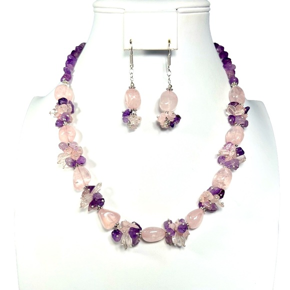 Jewelry - Rose Quartz & Amethyst 925 Silver Chunky Beaded Gemstone Necklace & Earrings
